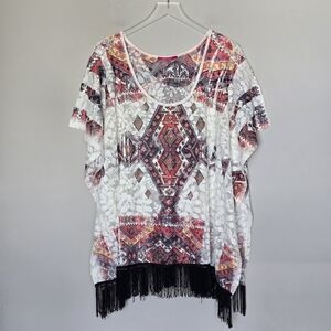 Western Boho Lightweight Poncho Top Swim Beach Coverup with Fringe O/S